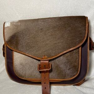 Vintage Cowhide Brown and Tan Leather Satchel Purse Crossbody Bag